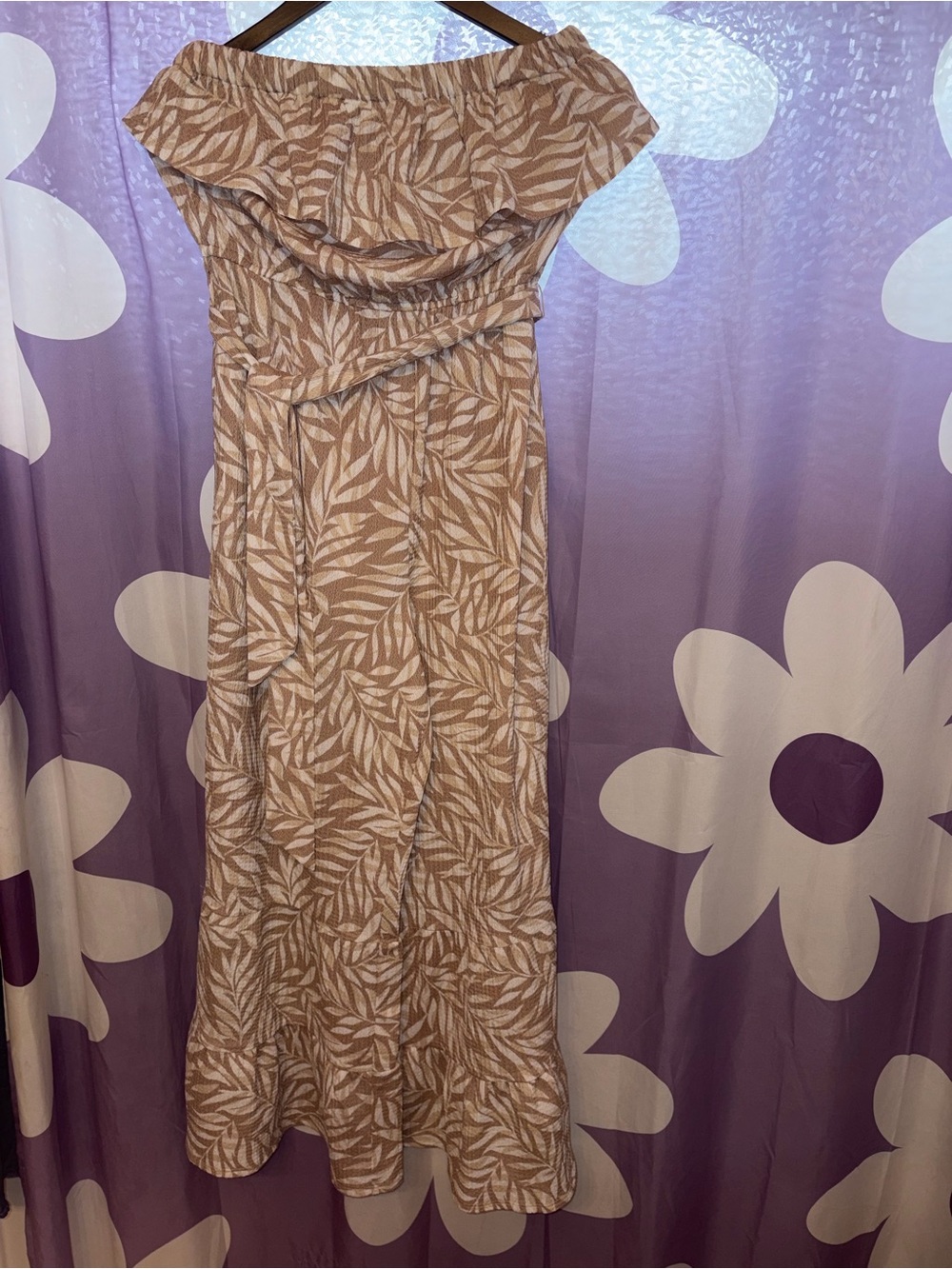 Cato Beige & White Leaf-Print strapless Maxi Jumpsuit